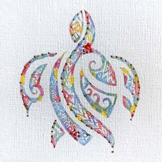 Seaturtle 2: Mini Watercolor, 5X5, crafted in Watercolor with acrylic embelishment on off-white linen paper. This one-of-a-kind abstract painting complements refined interiors, layered collections, or luxury home offices.