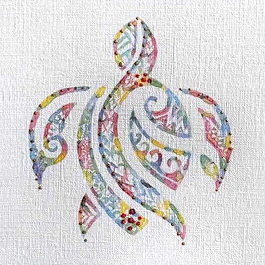 Seaturtle 6: Mini Watercolor, 5X5, crafted in Watercolor with acrylic embelishment on off-white linen paper. This one-of-a-kind abstract painting complements refined interiors, layered collections, or luxury home offices.