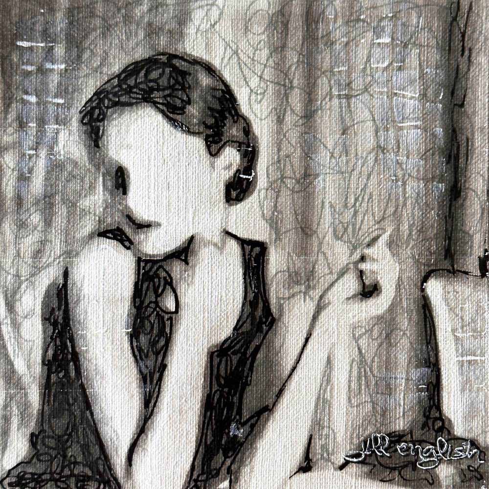 Adrift in the Tides of Change: Original one-of-a-kind abstract painting, 5X5, created with Acrylic, ink, and pencil on off-white linen paper. Adds depth to refined interiors, layered collections, or luxury home offices.