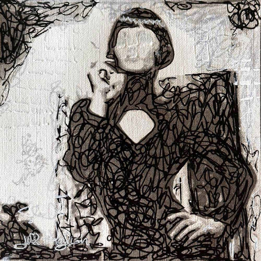 Dancing With the Stars of Destiny: Original one-of-a-kind abstract painting, 5X5, created with Acrylic, ink, and pencil on off-white linen paper. Adds depth to refined interiors, layered collections, or luxury home offices.