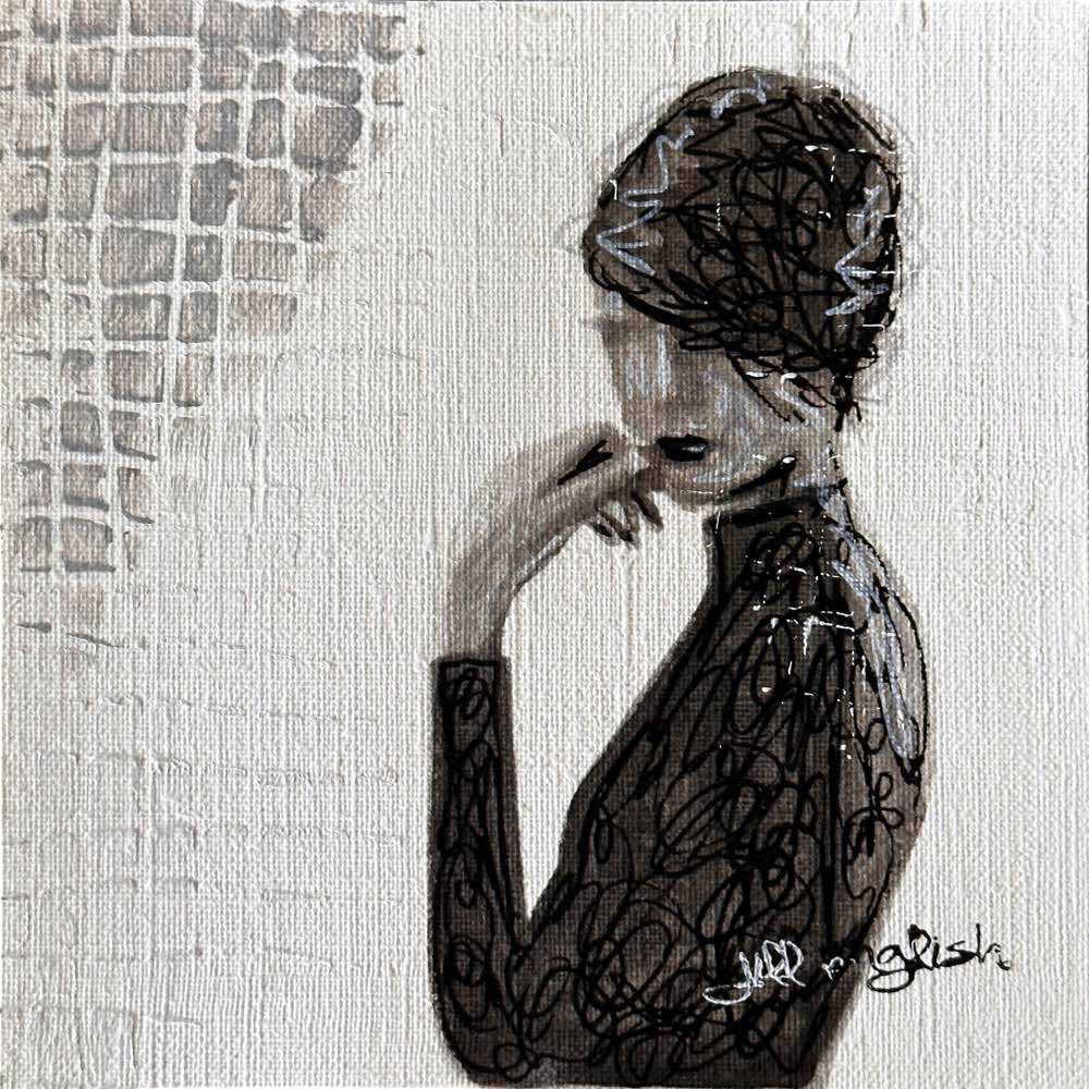 Embracing the Unknown one-of-a-kind abstract painting in Acrylic, ink, and pencil on off-white linen paper, 5X5. Designed for refined interiors, layered collections, or luxury home offices.