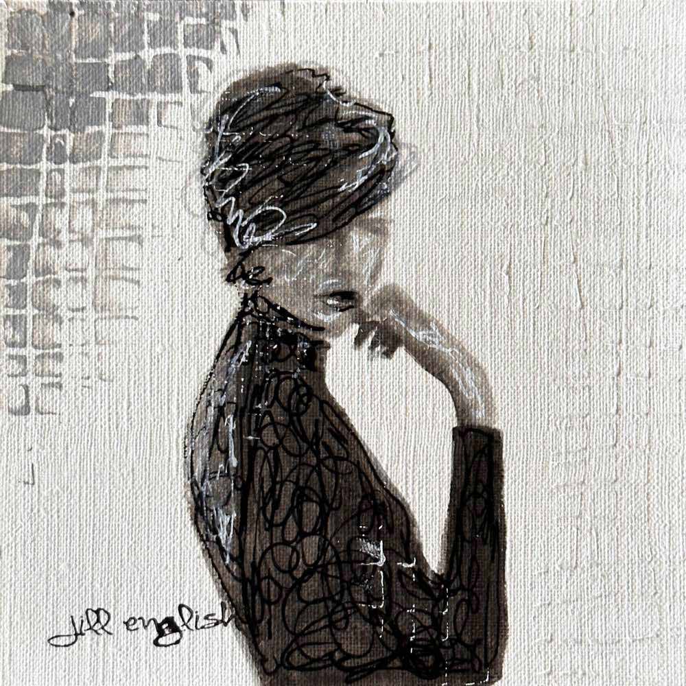 Embracing the Unknown, 5X5, crafted in Acrylic, ink, and pencil on off-white linen paper. This one-of-a-kind abstract painting complements refined interiors, layered collections, or luxury home offices.
