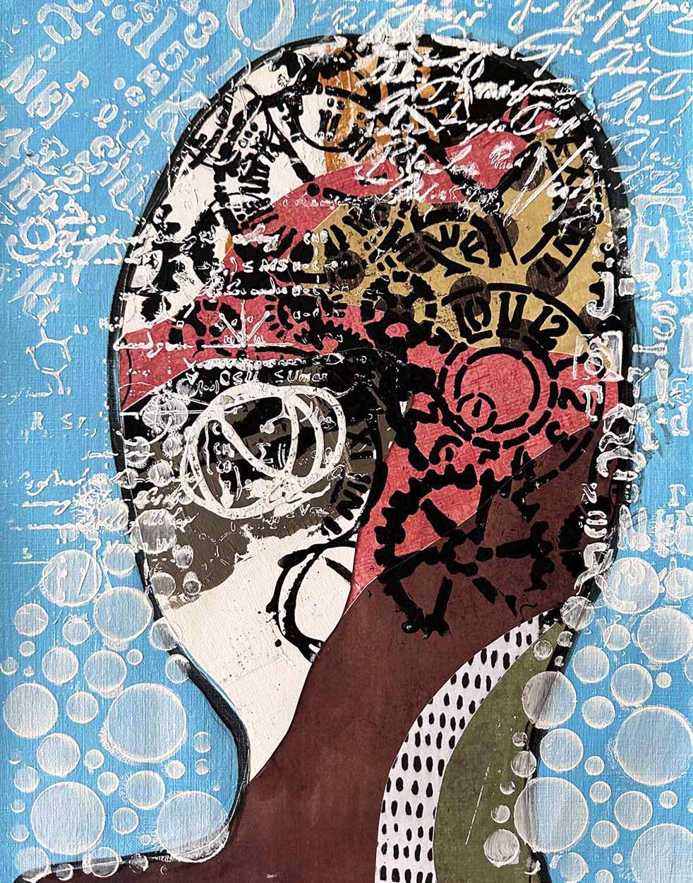 HEADSPACE- Blue No. 2: Original emotional portrait for contemporary decor, 11X14, created with Mixed Media abstract on off-white linen paper. Adds depth to statement art in bedrooms or quiet introspective spaces.