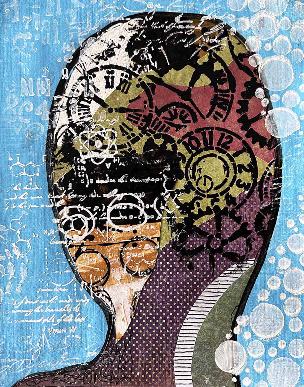 HEADSPACE- Blue No. 3 emotional portrait for contemporary decor in Mixed Media abstract on off-white linen paper, 11X14. Designed for statement art in bedrooms or quiet introspective spaces.
