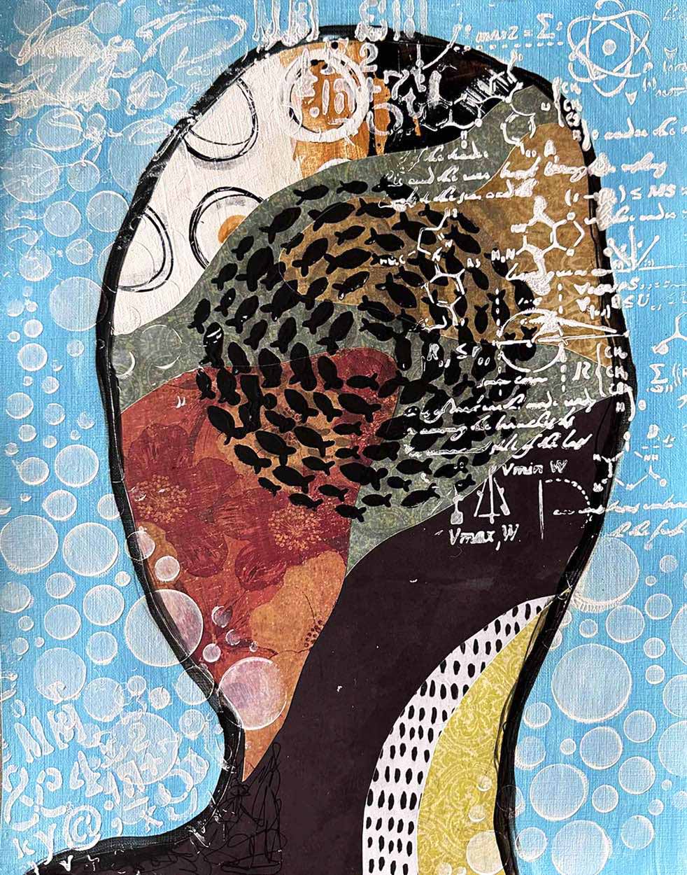 HEADSPACE- Blue No. 4 emotional portrait for contemporary decor in Mixed Media abstract on off-white linen paper, 11X14. Designed for statement art in bedrooms or quiet introspective spaces.