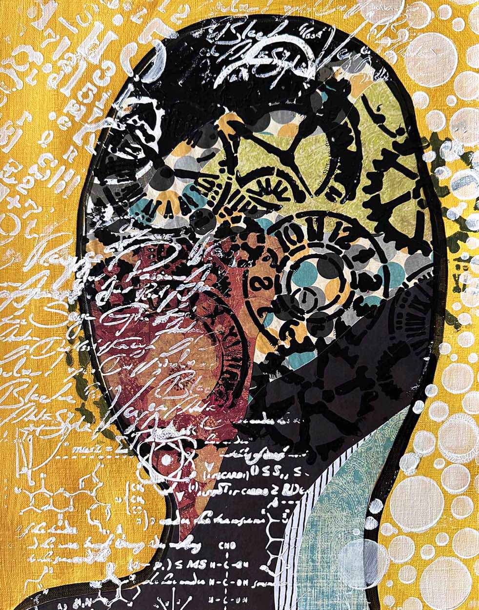 HEADSPACE- Gold No. 2, 11X14, crafted in Mixed Media abstract on off-white linen paper. This emotional portrait for contemporary decor complements statement art in bedrooms or quiet introspective spaces.