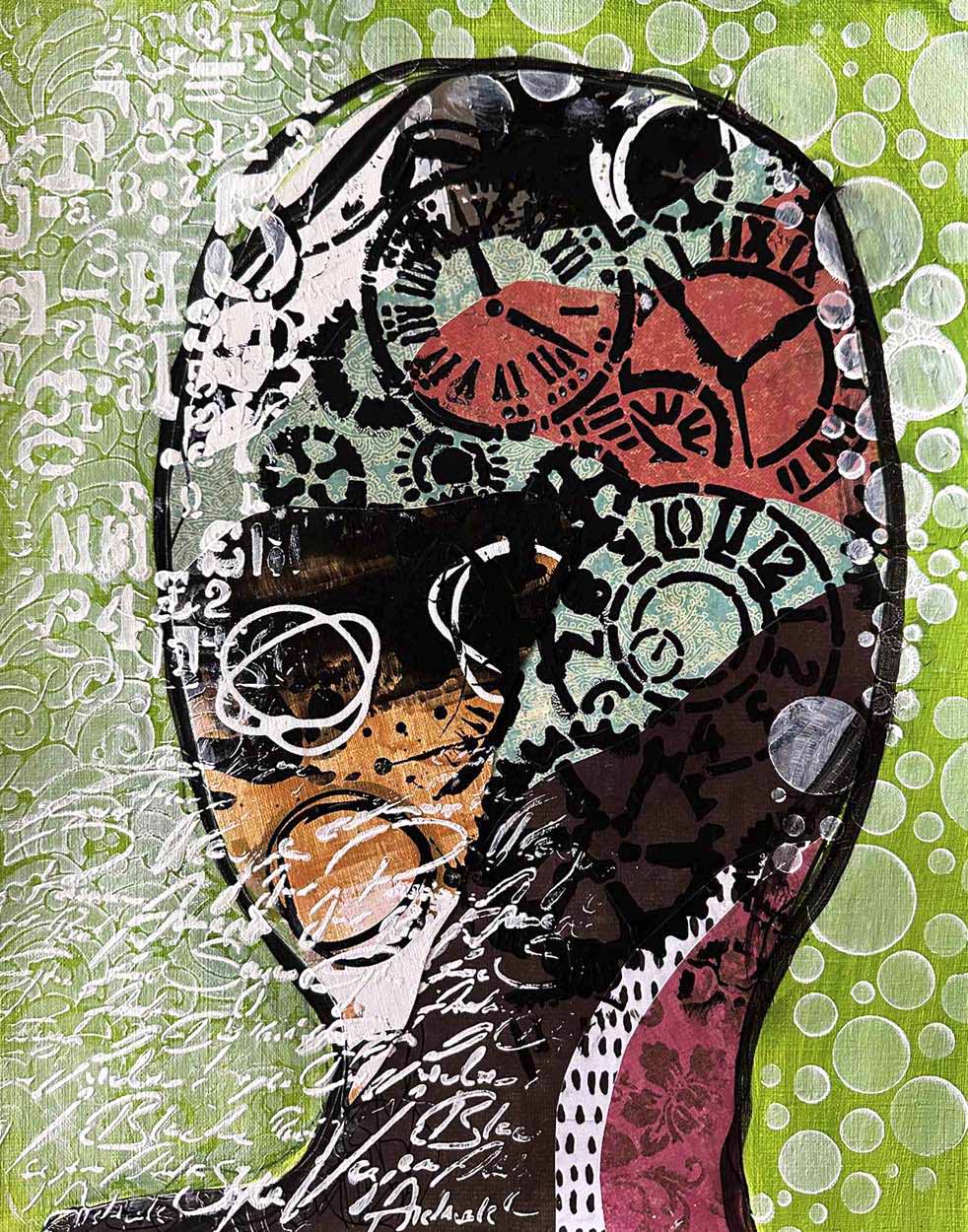 HEADSPACE- Green No. 2 11X14 emotional portrait for contemporary decor, handmade using Mixed Media abstract on off-white linen paper. Beautiful in statement art in bedrooms or quiet introspective spaces.