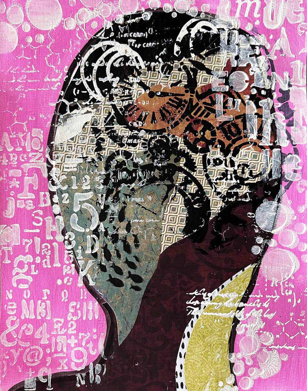 HEADSPACE- Pink No. 3: Original emotional portrait for contemporary decor, 11X14, created with Mixed Media abstract on off-white linen paper. Adds depth to statement art in bedrooms or quiet introspective spaces.