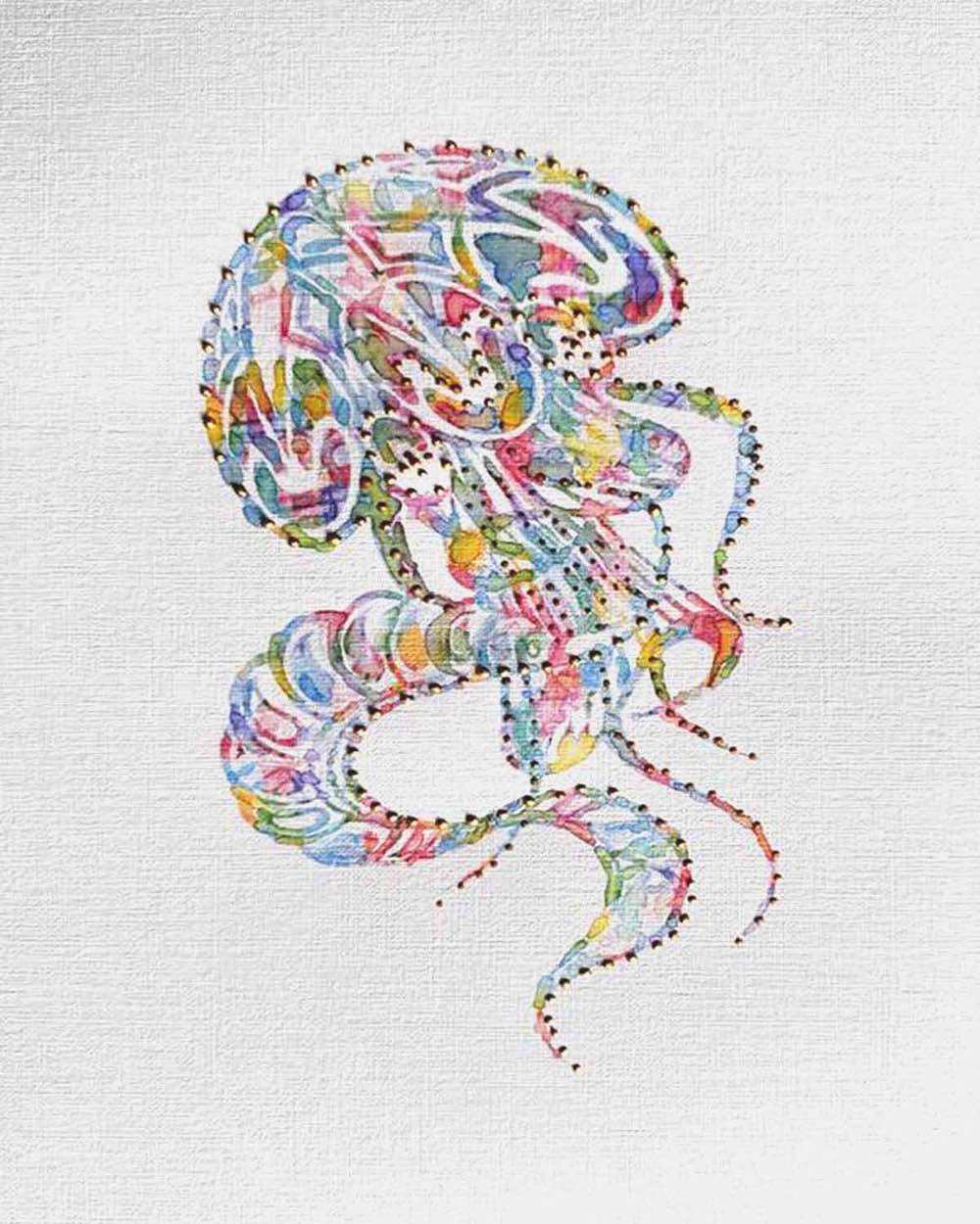 Jellyfish: Coastal Watercolors No. 1 one-of-a-kind abstract painting in Watercolor with acrylic embelishment on off-white linen paper, 8X10. Designed for refined interiors, layered collections, or luxury home offices.