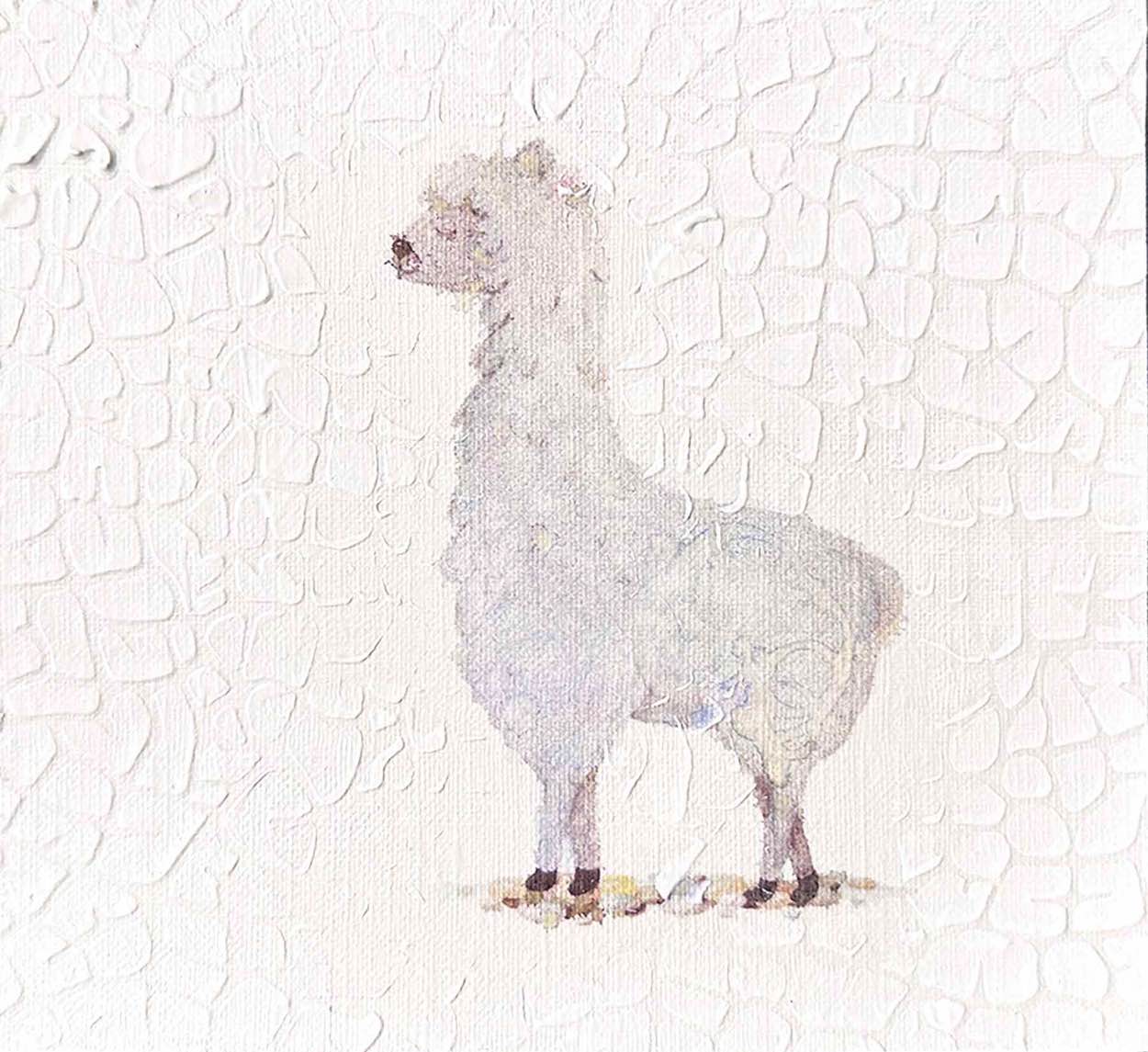 Llama Leigh, 5X5, crafted in Watercolor with acrylic embelishment on off-white linen paper. This one-of-a-kind abstract painting complements refined interiors, layered collections, or luxury home offices.