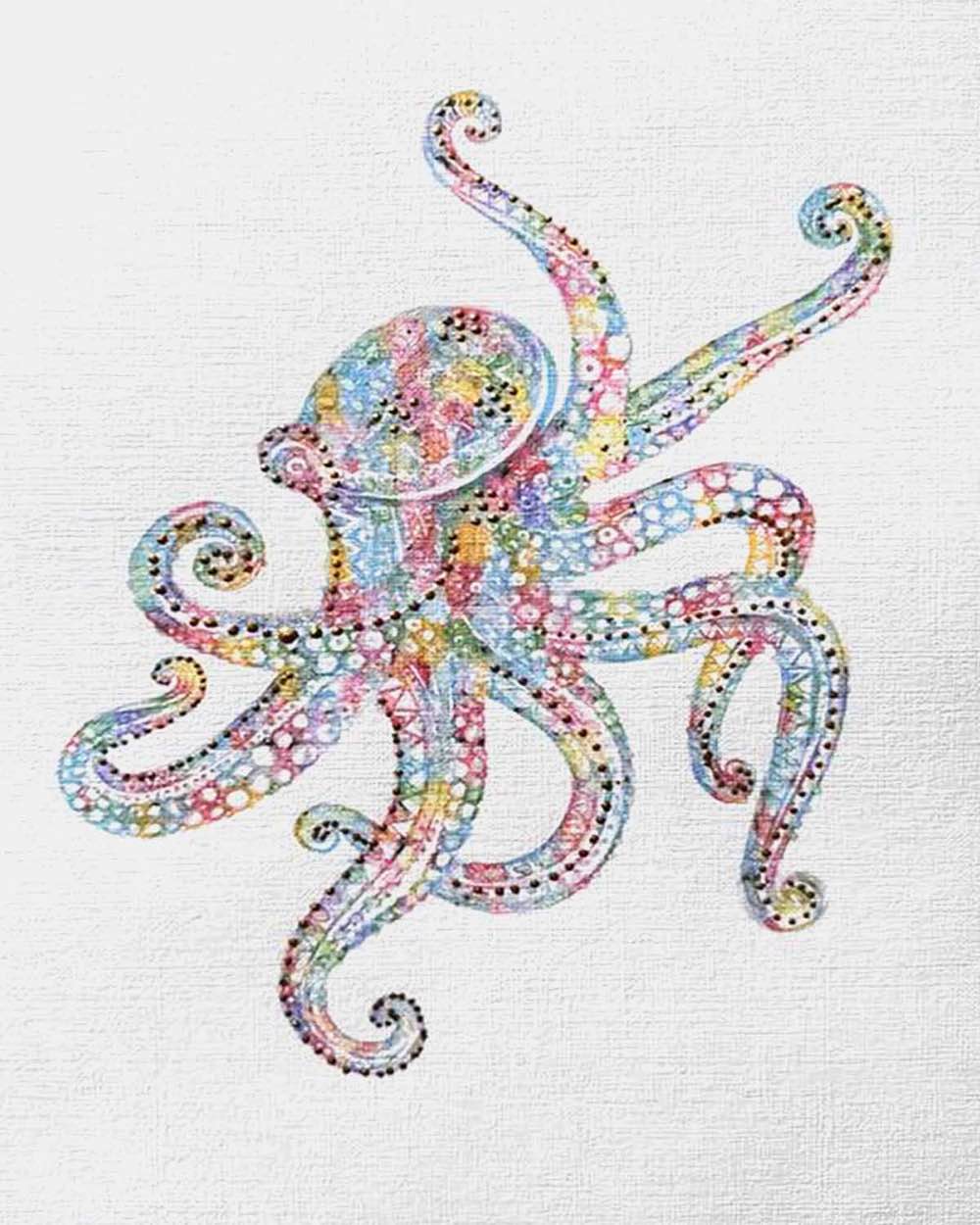 Octopus: Coastal Watercolors No. 3, 8X10, crafted in Watercolor with acrylic embelishment on off-white linen paper. This one-of-a-kind abstract painting complements refined interiors, layered collections, or luxury home offices.