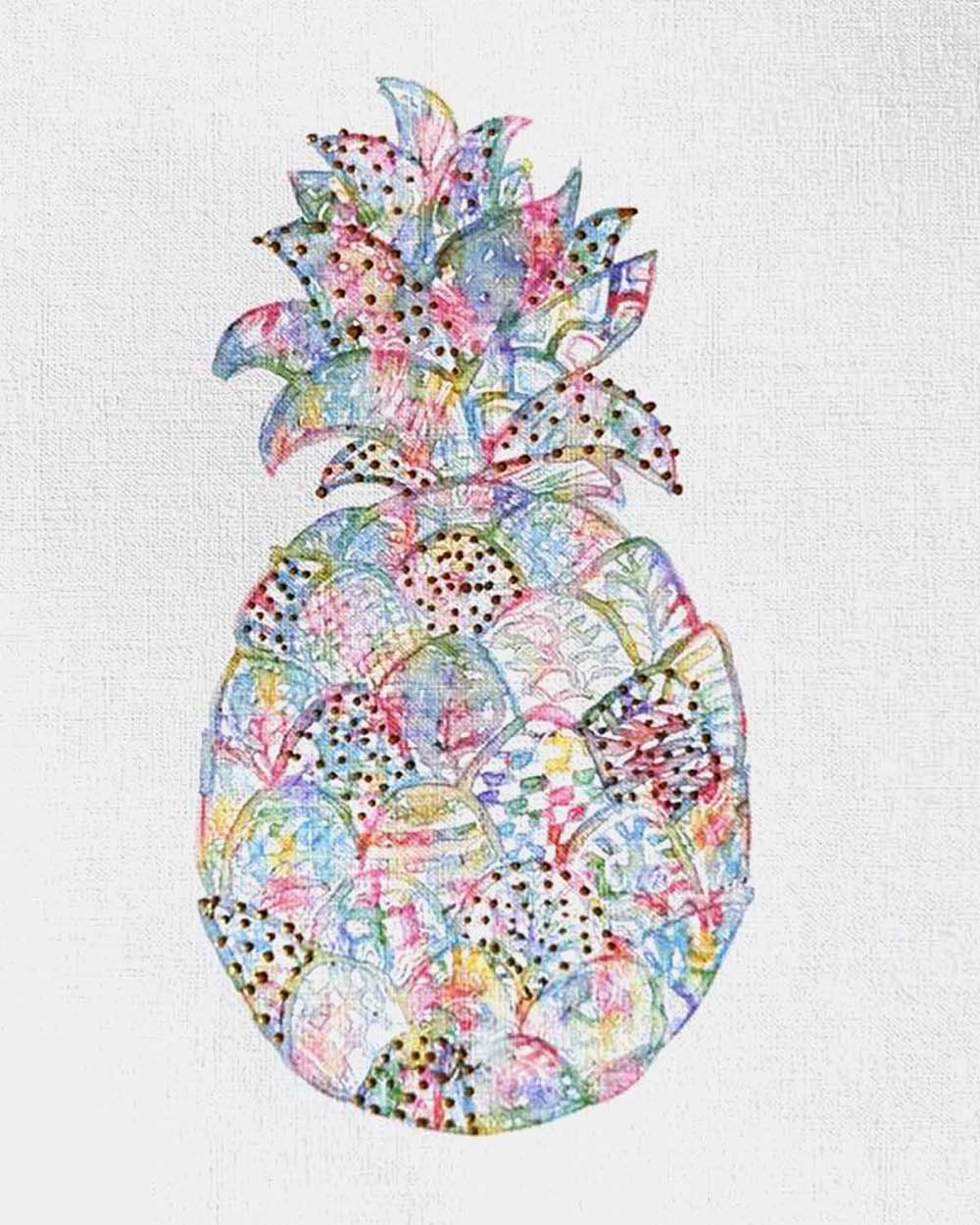 Pineapple: Coastal Watercolors, 8X10, crafted in Watercolor with acrylic embelishment on off-white linen paper. This one-of-a-kind abstract painting complements refined interiors, layered collections, or luxury home offices.