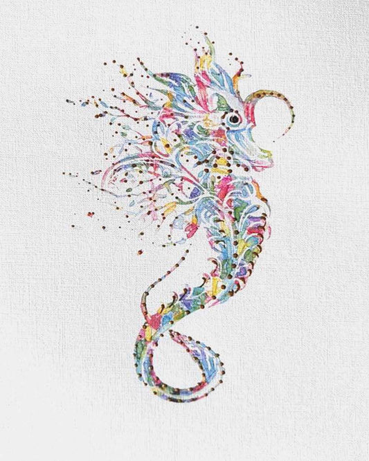 Seahorse: Coastal Watercolors, 8X10, crafted in Watercolor with acrylic embelishment on off-white linen paper. This one-of-a-kind abstract painting complements refined interiors, layered collections, or luxury home offices.