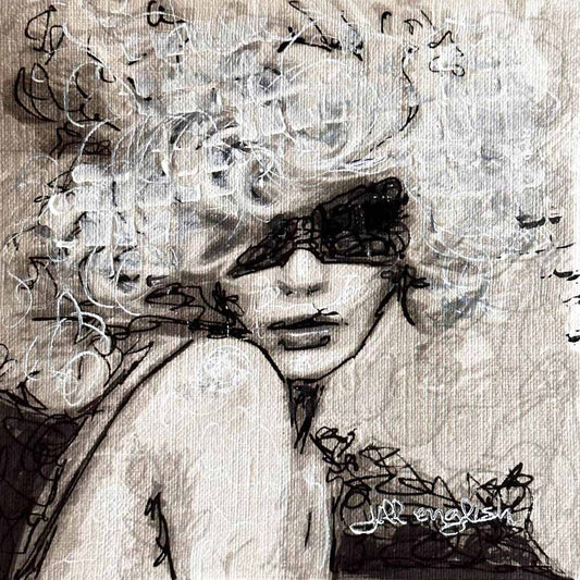 Under the Spell of Desire: Original one-of-a-kind abstract painting, 5X5, created with Acrylic, ink, and pencil on off-white linen paper. Adds depth to refined interiors, layered collections, or luxury home offices.