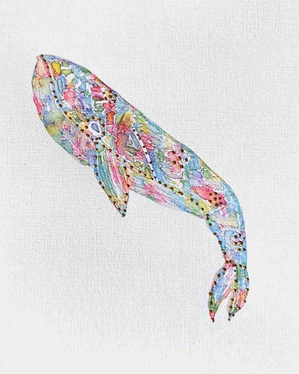 Whale 3: Coastal Watercolors, 8X10, crafted in Watercolor with acrylic embelishment on off-white linen paper. This one-of-a-kind abstract painting complements refined interiors, layered collections, or luxury home offices.