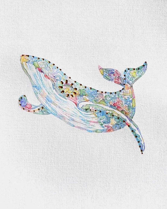 Whale 4: Coastal Watercolors, 8X10, crafted in Watercolor with acrylic embelishment on off-white linen paper. This one-of-a-kind abstract painting complements refined interiors, layered collections, or luxury home offices.