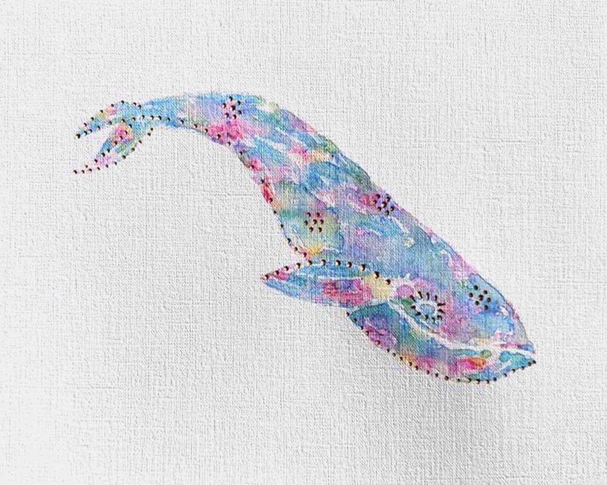 Whale 8: Coastal Watercolors, 8X10, crafted in Watercolor with acrylic embelishment on off-white linen paper. This one-of-a-kind abstract painting complements refined interiors, layered collections, or luxury home offices.