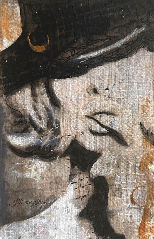 With the Spark of Curiosity: Go Bold With Gold Collection, 5.5X8.5, crafted in Acrylic, ink, and pencil with heavy gold sheen on off-white linen paper. This one-of-a-kind abstract painting complements refined interiors, layered collections, or luxury home offices.