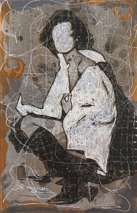 Awakening the Intrepid Voyager: Go Bold With Gold Collection one-of-a-kind abstract painting in Acrylic, ink, and pencil with heavy gold sheen on off-white linen paper, 5.5X8.5. Designed for refined interiors, layered collections, or luxury home offices.