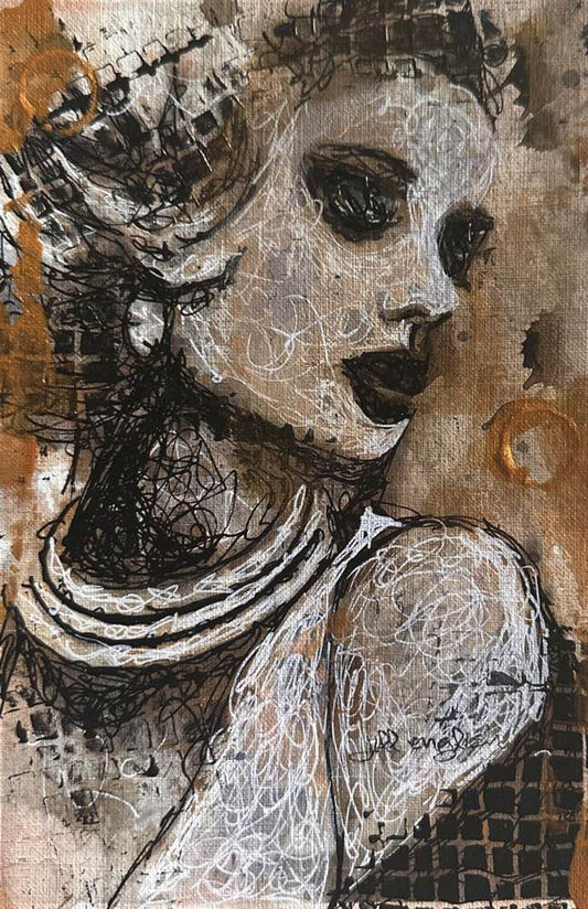 Walking the Path of Resilience: Go Bold With Gold Collection 5.5X8.5 one-of-a-kind abstract painting, handmade using Acrylic, ink, and pencil with heavy gold sheen on off-white linen paper. Beautiful in refined interiors, layered collections, or luxury home offices.