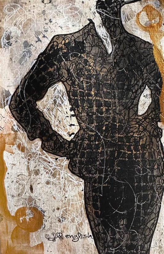 Symphony of Strength: Go Bold With Gold Collection: Original one-of-a-kind abstract painting, 5.5X8.5, created with Acrylic, ink, and pencil with heavy gold sheen on off-white linen paper. Adds depth to refined interiors, layered collections, or luxury home offices.