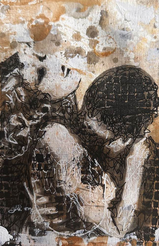 Between Dreams and Reality: Go Bold With Gold Collection: Original one-of-a-kind abstract painting, 5.5X8.5, created with Acrylic, ink, and pencil with heavy gold sheen on off-white linen paper. Adds depth to refined interiors, layered collections, or luxury home offices.