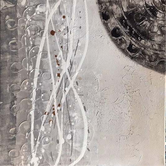 Crossroads No. 6 symbolic, grid-based abstract in Acrylic on canvas, 20 X 20. Designed for modern living rooms, creative offices, or curated collections.