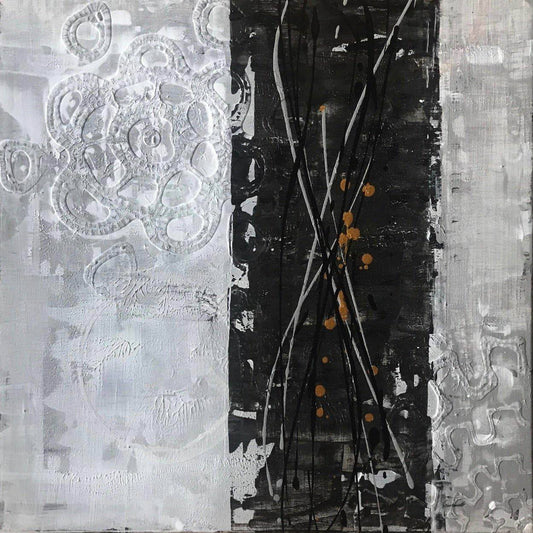 Crossroads No. 9: A symbolic, grid-based abstract, 20 X 20, created in Acrylic on canvas. Perfect for modern living rooms, creative offices, or curated collections.