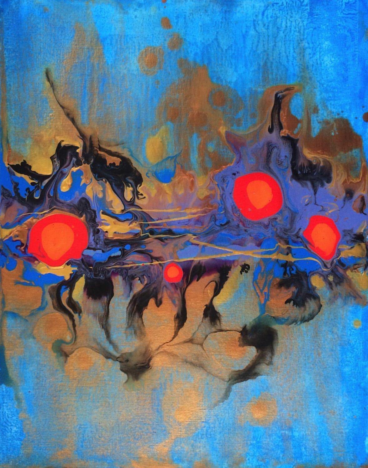 Fire Poppies No. 1 11x14 one-of-a-kind abstract painting, handmade using Acrylic on off-white linen paper. Beautiful in refined interiors, layered collections, or luxury home offices.