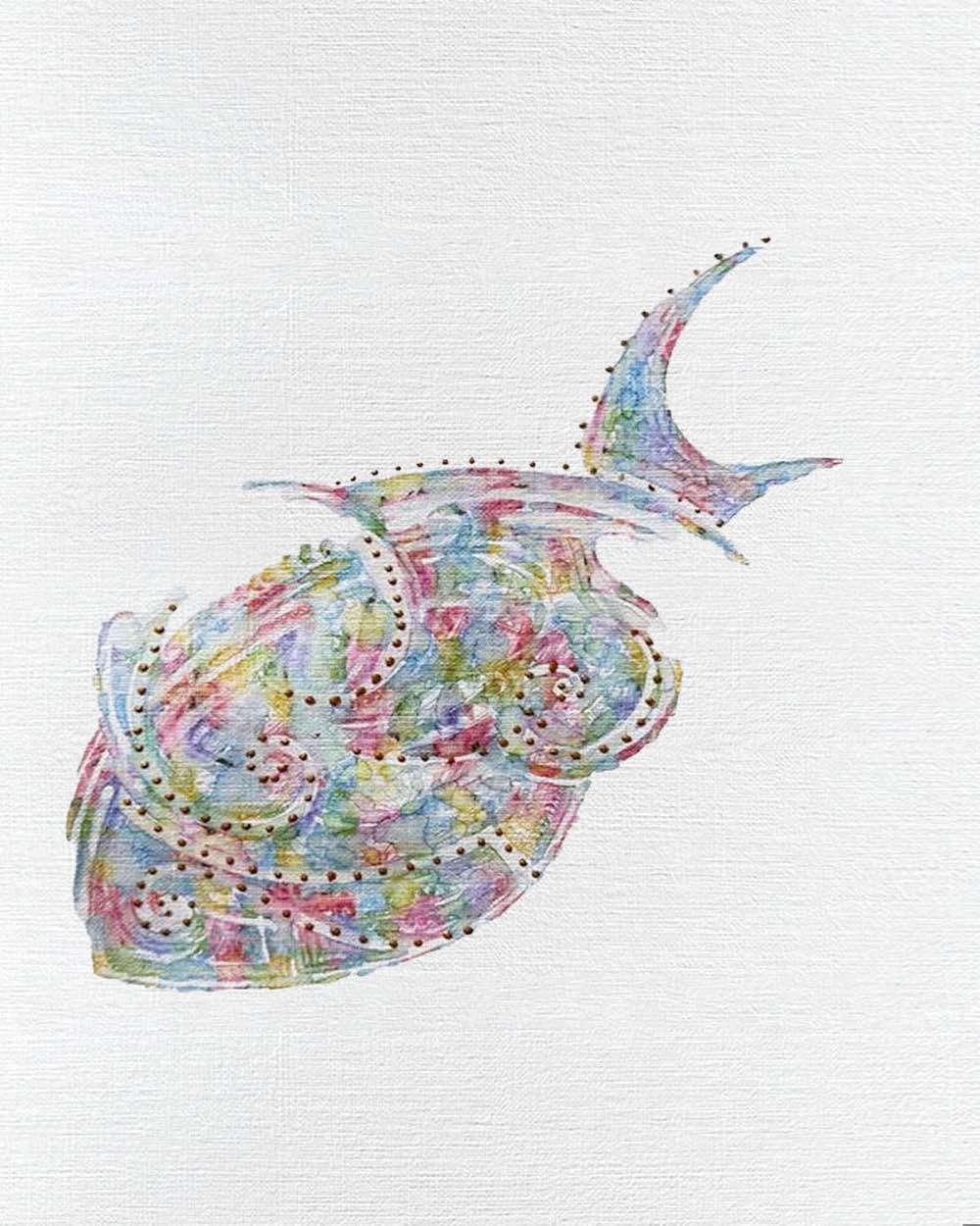 Fish 3: Coastal Watercolors, 8X10, crafted in Watercolor with acrylic embelishment on off-white linen paper. This one-of-a-kind abstract painting complements refined interiors, layered collections, or luxury home offices.