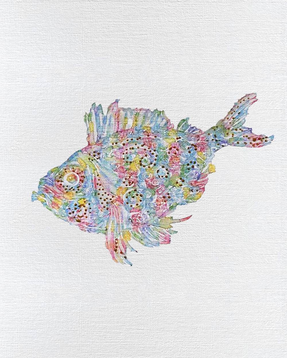 Fish 4: Coastal Watercolors: Original one-of-a-kind abstract painting, 8X10, created with Watercolor with acrylic embelishment on off-white linen paper. Adds depth to refined interiors, layered collections, or luxury home offices.