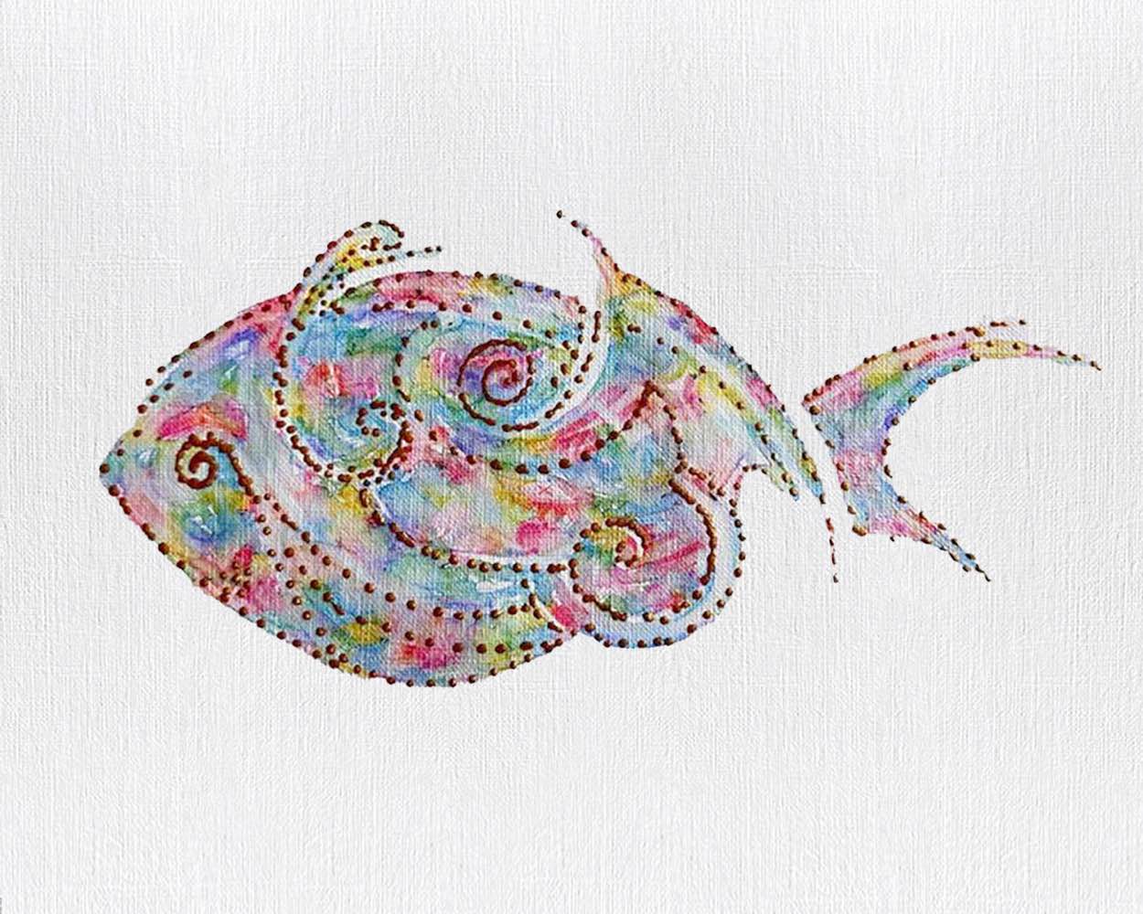 Fish 6: Coastal Watercolors, 8X10, crafted in Watercolor with acrylic embelishment on off-white linen paper. This one-of-a-kind abstract painting complements refined interiors, layered collections, or luxury home offices.