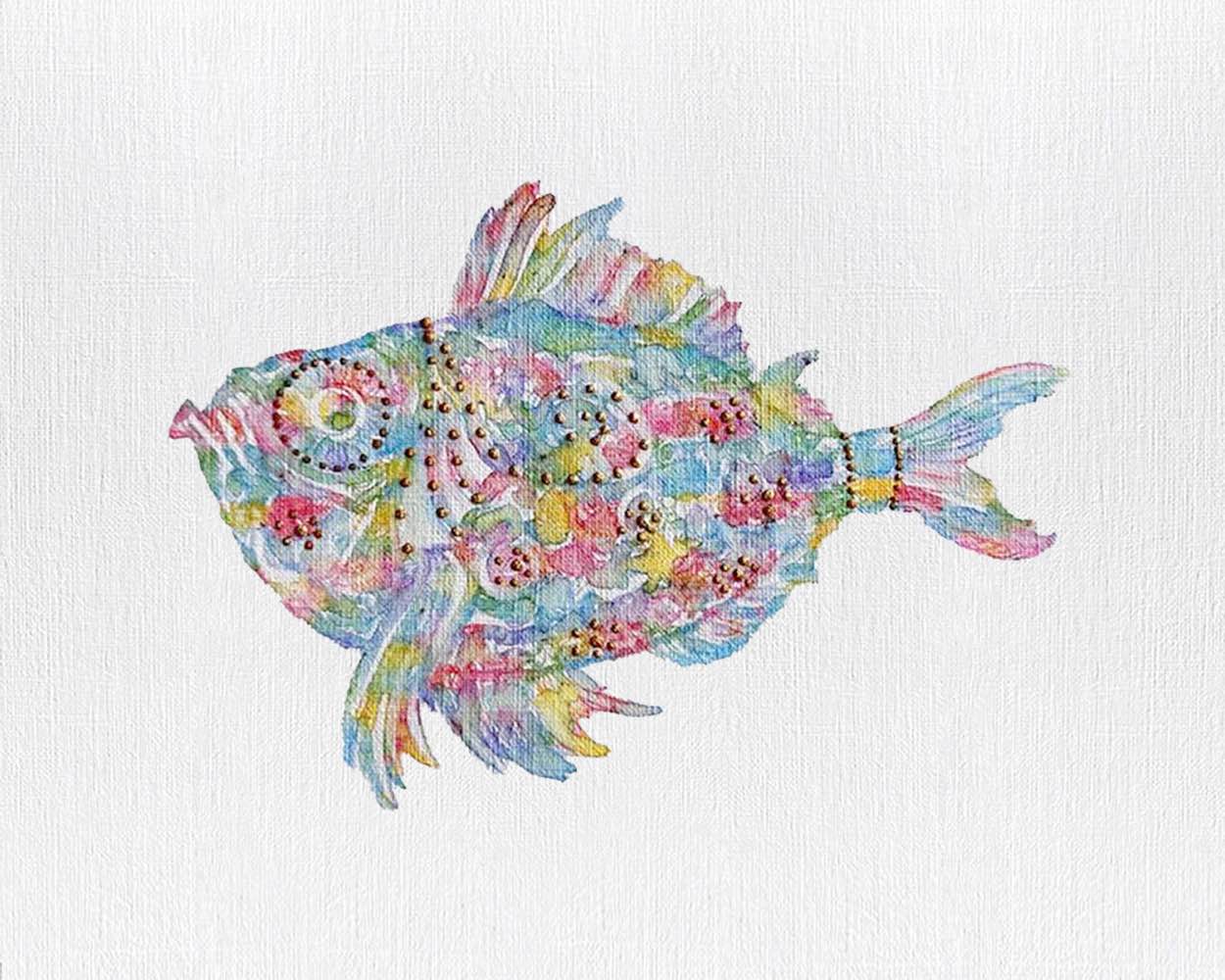 Fish 8: Coastal Watercolors 8X10 one-of-a-kind abstract painting, handmade using Watercolor with acrylic embelishment on off-white linen paper. Beautiful in refined interiors, layered collections, or luxury home offices.