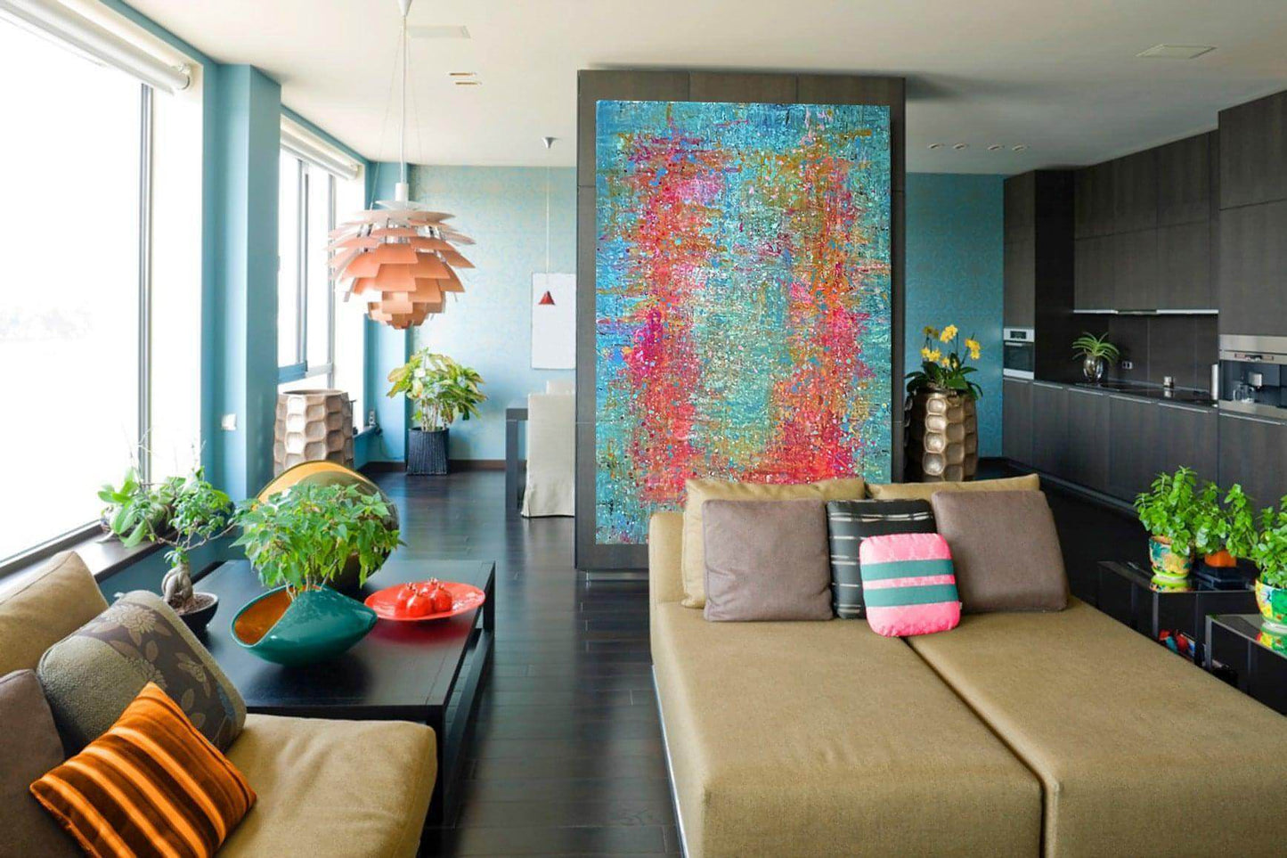Good Vibes: Holiday, one-of-a-kind abstract painting in Acrylic on canvas, 40 X 64. Designed for refined interiors, layered collections, or luxury home offices.