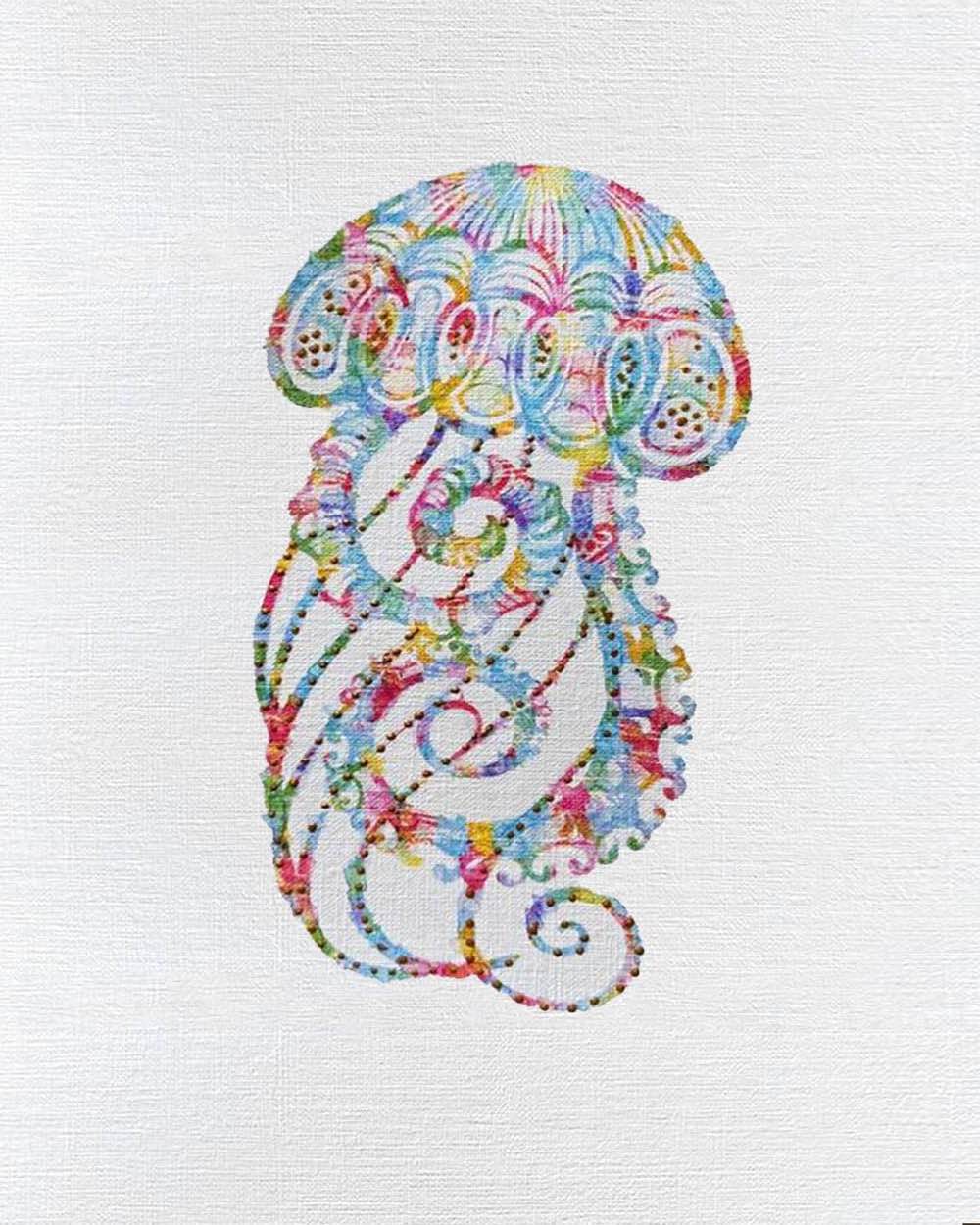 Jellyfish 5: Coastal Watercolors one-of-a-kind abstract painting in Watercolor with acrylic embelishment on off-white linen paper, 8X10. Designed for refined interiors, layered collections, or luxury home offices.
