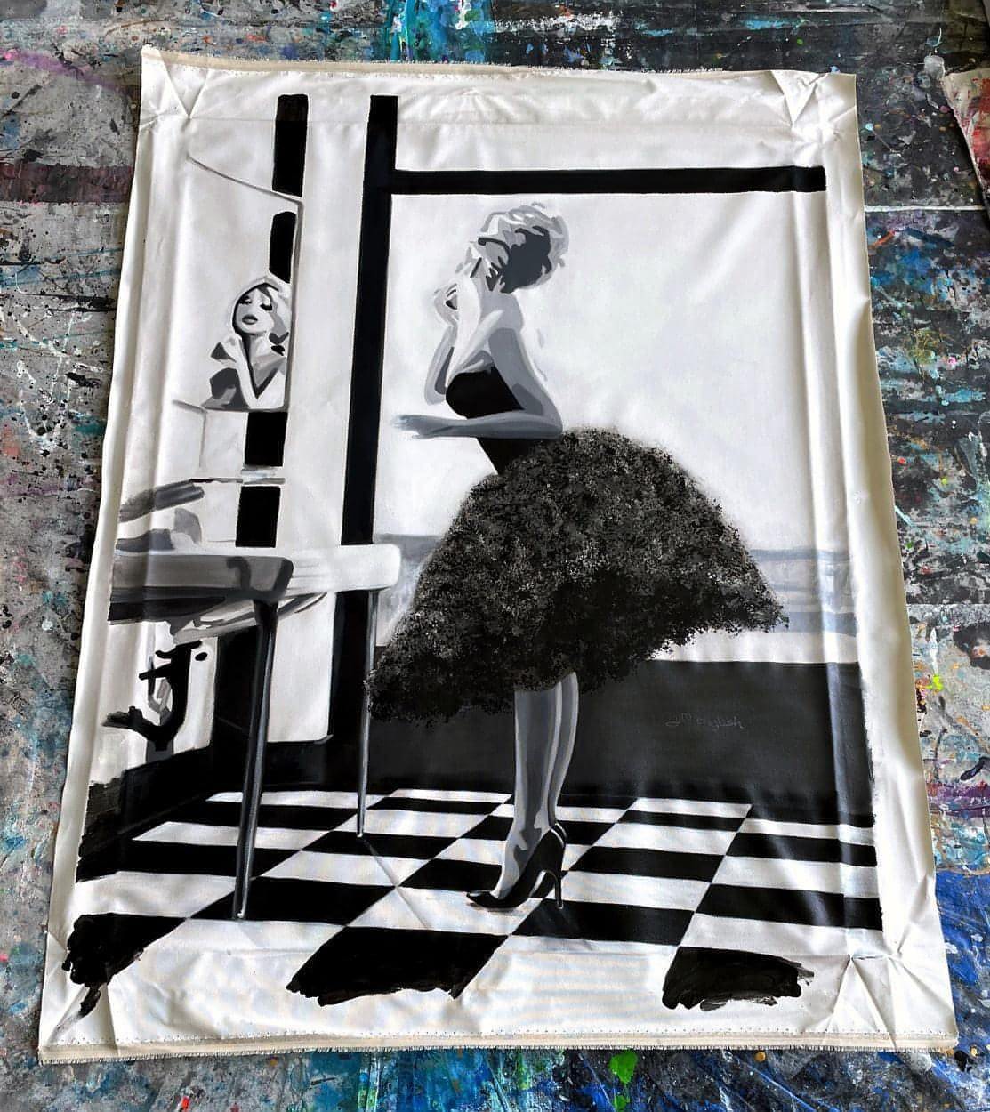 Little Black Shoes, one-of-a-kind abstract painting in Acrylic on canvas, 36 X 48. Designed for refined interiors, layered collections, or luxury home offices.