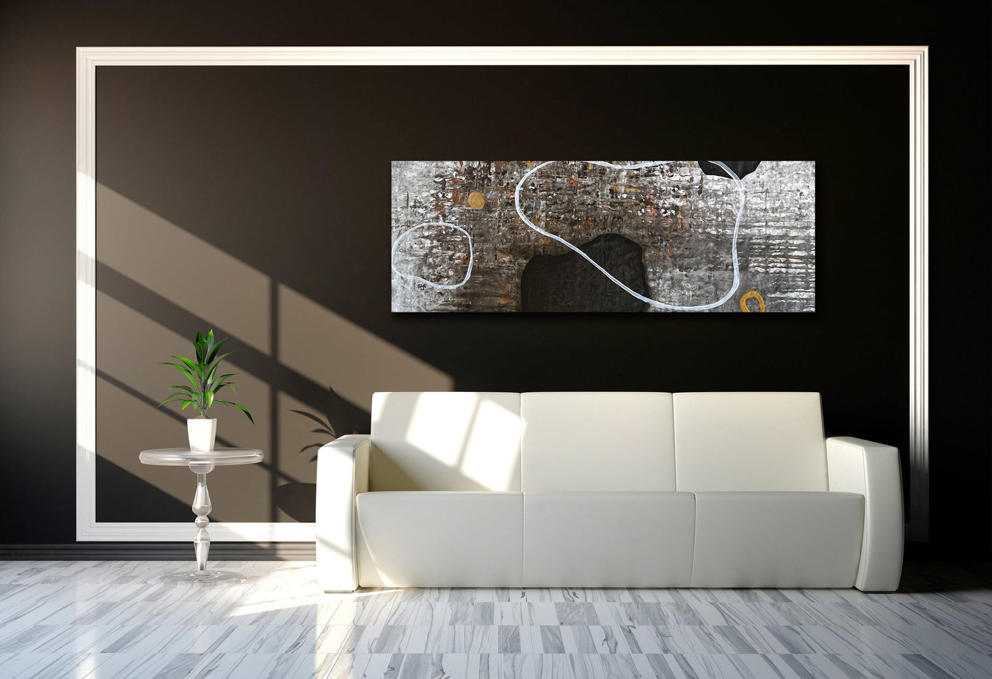 Monterey Shore, one-of-a-kind abstract painting in Acrylic on canvas, 62 X 22. Designed for refined interiors, layered collections, or luxury home offices.