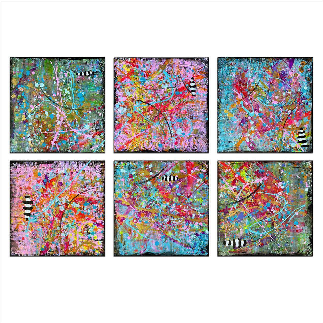 Reef Dive SIX PANELS: 20 X 20 inches one-of-a-kind abstract painting, handmade using Acrylic on canvas. Beautiful in refined interiors, layered collections, or luxury home offices.