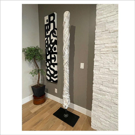TOTEM - Strength, 84 inches tall: 22" wide by just under 11" in depth, crafted in Resin, epoxy, acrylic on fabric, wood and metalships in a crate. This modern sculpture, 7-ft totem form complements grand entrances, loft-style homes, or minimalist commercial spaces.