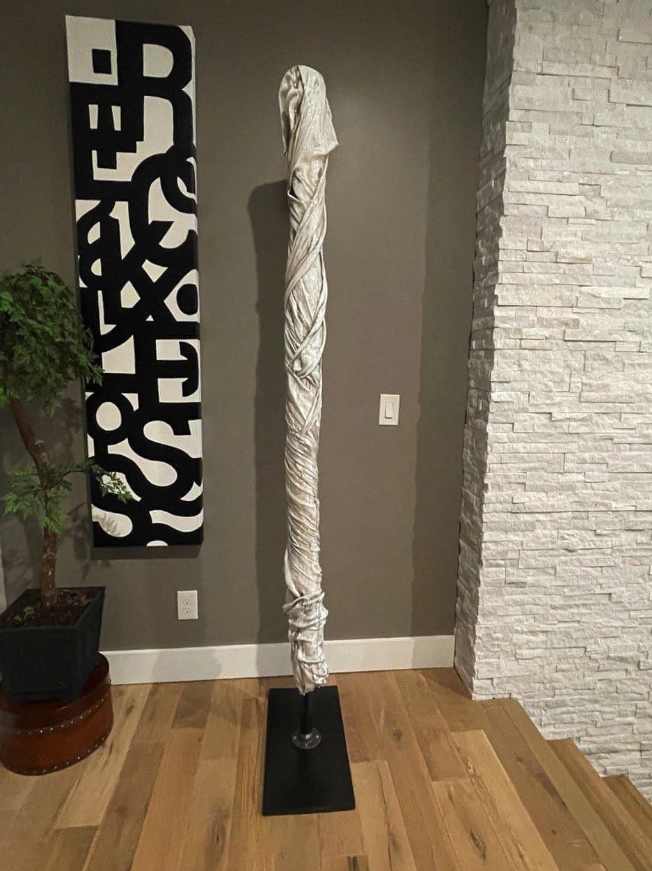 TOTEM - Strength, 84 inches tall: 22" wide by just under 11" in depth, crafted in Resin, epoxy, acrylic on fabric, wood and metalships in a crate. This one-of-a-kind abstract painting complements refined interiors, layered collections, or luxury home offices.