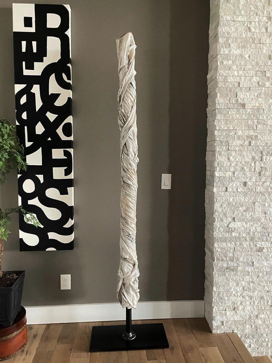 TOTEM - Strength, one-of-a-kind abstract painting in Resin, epoxy, acrylic on fabric, wood and metalships in a crate, 84 inches tall: 22" wide by just under 11" in depth. Designed for refined interiors, layered collections, or luxury home offices.