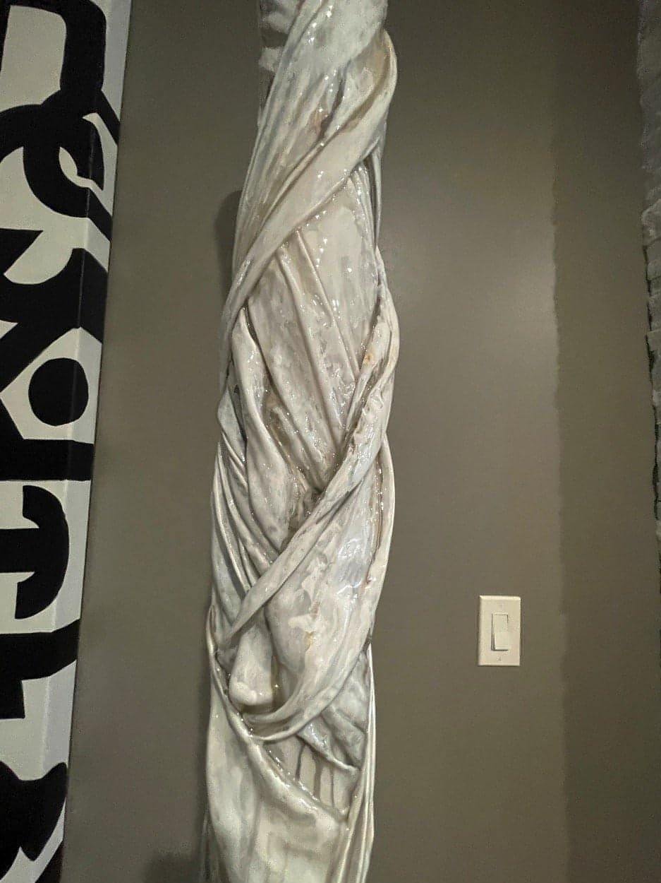 TOTEM - Strength, A one-of-a-kind abstract painting, 84 inches tall: 22" wide by just under 11" in depth, created in Resin, epoxy, acrylic on fabric, wood and metalships in a crate. Perfect for refined interiors, layered collections, or luxury home offices.